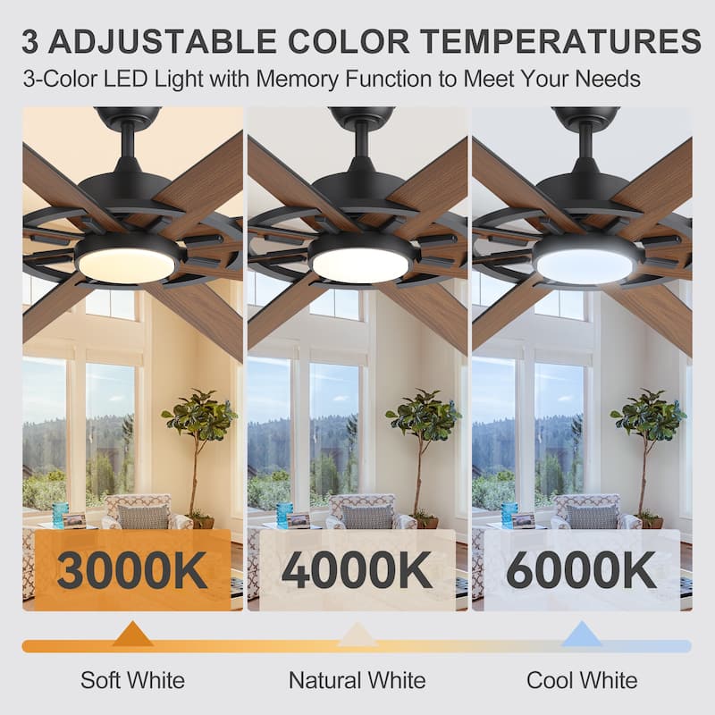 72" Large Ceiling Fan with 3CCT Dimmable LED Light and Remote(8 Reversible Blades）