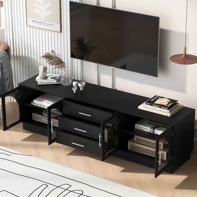 68.9" Glass TV Stand with Arched Design and 3 Drawers