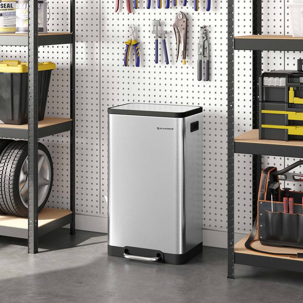 SONGMICS Trash Can, 12 Gallon Garbage Can, Stainless Steel, Silver