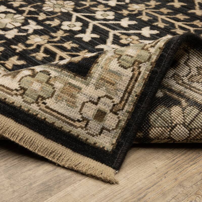 Adelaide Traditonal Bordered Floral Black/ Beige Wool Blend Area Rug