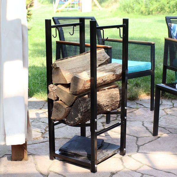 Sunnydaze Log Rack with Tool Holders Steel with Blakc Finish Firewood Storage
