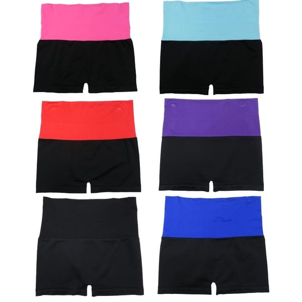 Women 6 Pack Fold-Over Strip Color Waistband Solid Sports Yoga Short Leggings Pants