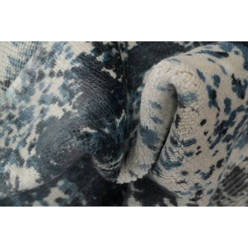 Hand Knotted Oriental Viscose Silk Carpet Modern All-Over Navy Blue & Blues Abstract Area Rug - 3' 9'' X 2' 1''