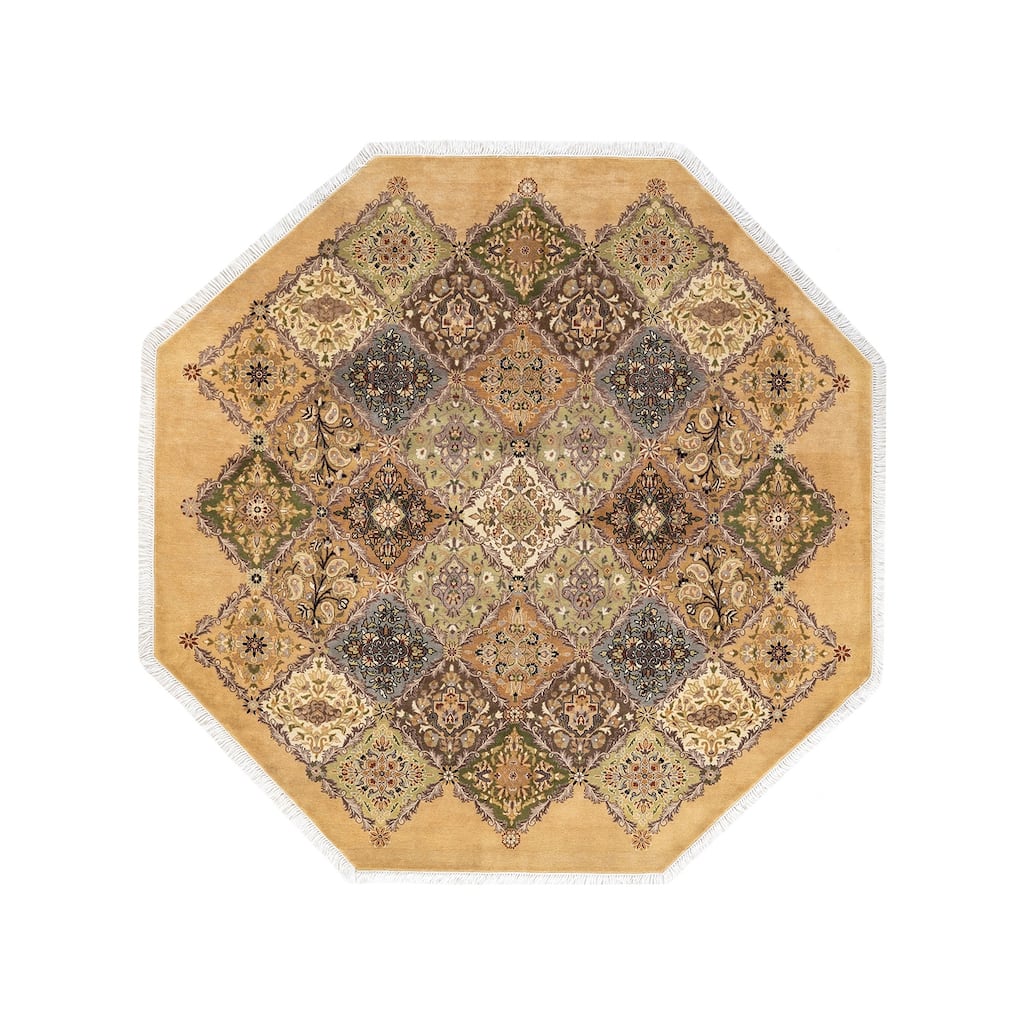 Overton Handknotted Wool Traditional Oriental Yellow Octagon Area Rug - 6' x 9'