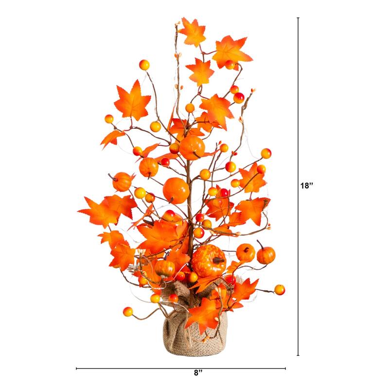 Pre-Lit Autumn Maple Artificial Fall Tree with Pumpkin Ornaments - 18" - Warm White LED String Lights