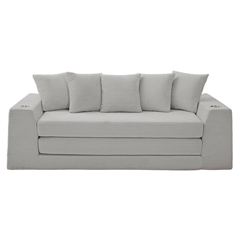 Modern Convertible Loveseat Sofa Bed, Corduroy Fabric Foldable Floor Couch w/5 Pillows, Side Pockets & Cup Holders, No Assembly