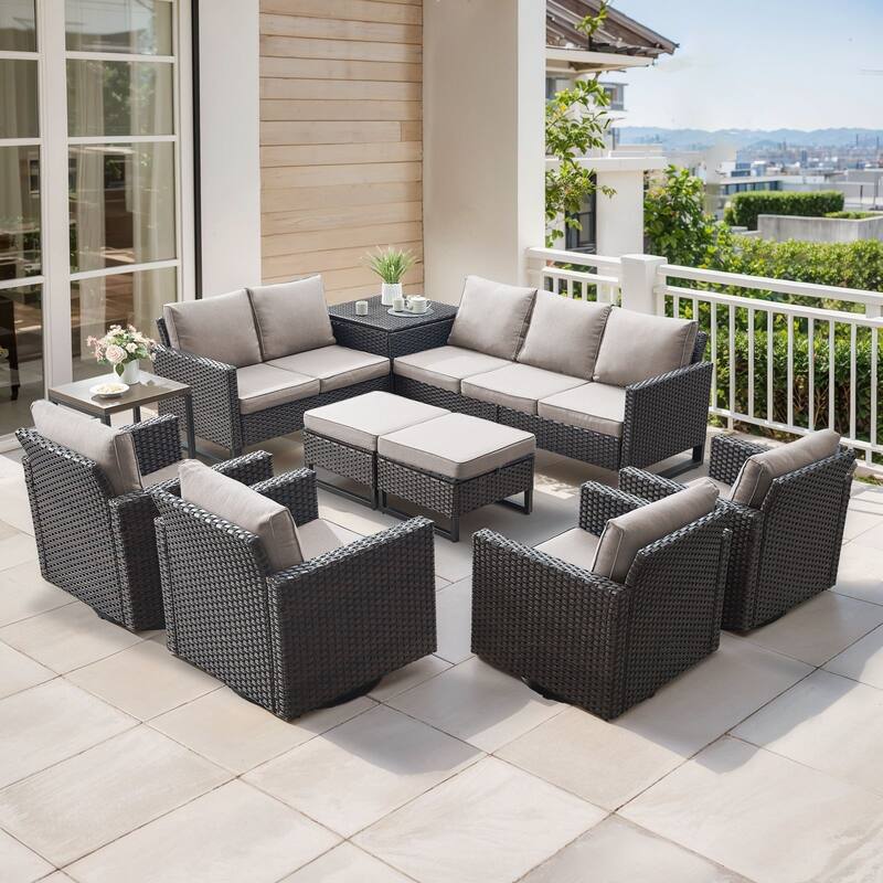 Gymojoy 9 Person Outdoor Patio Wicker Family Conversation Set Group With Swivel Chairs And Storage