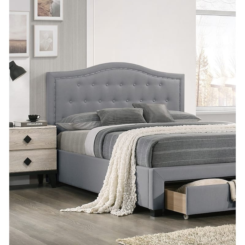 Light Grey Burlap Fabric Twin Size Bed with Drawer, Button Tufted Arch Headboard, Storage Bedframe