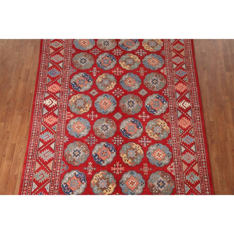All-Over Geometric Kazak Living Room Area Rug Handmade Wool Carpet - 6'4" x 9'7"
