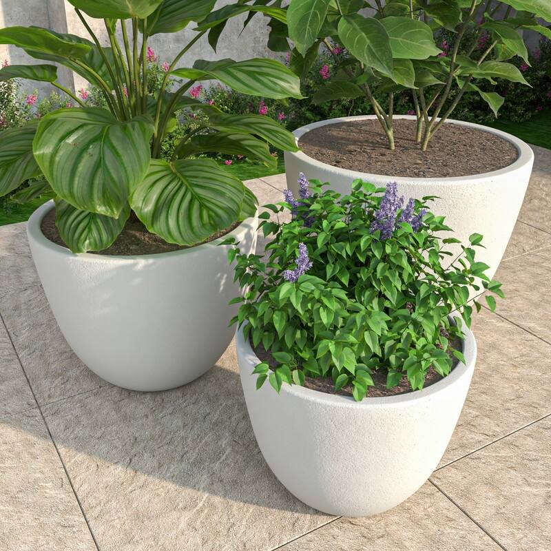 Dahlia 3-Piece Modern Round Planter Set, Durable Fiberstone & Clay Pots for Indoor & Outdoor Plants