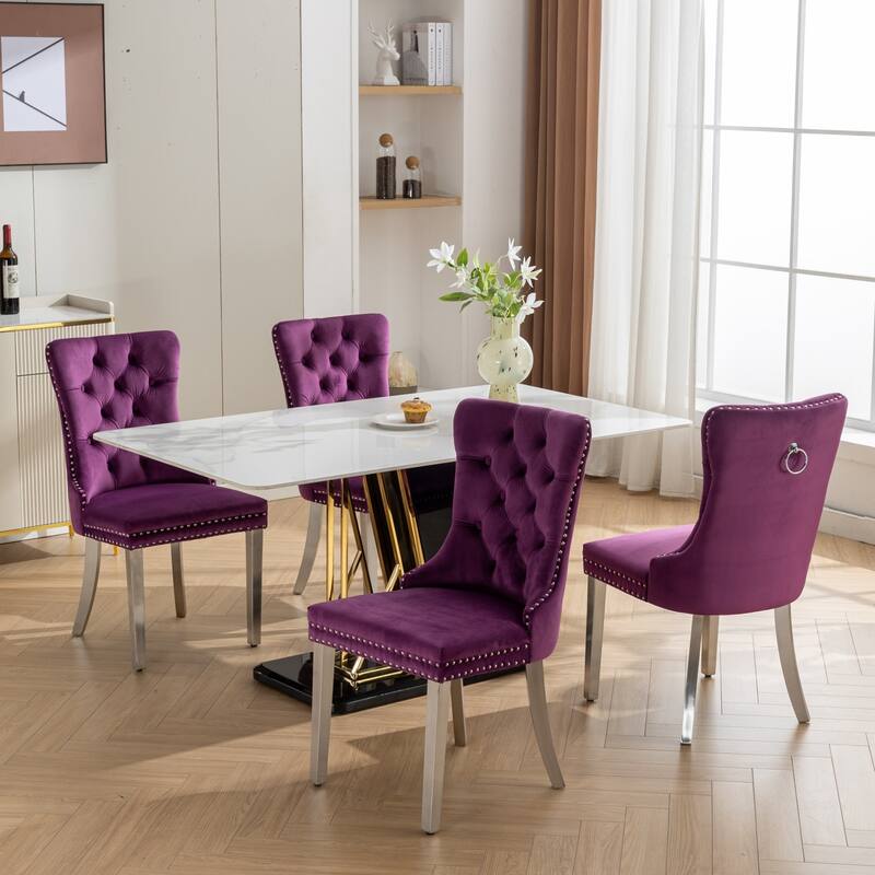 Tufted Solid Wood Velvet Upholstered Dining Chair with Chrome Steel Plating Legs Set of 2