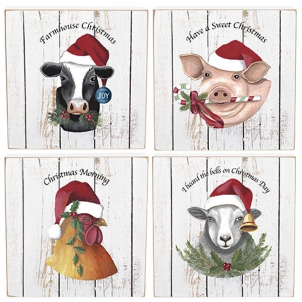 Multi-Color Wooden Christmas Farm Animal Box Signs Holiday Decor, 4 Asstd. - 8 x 1.50 x 8 in.
