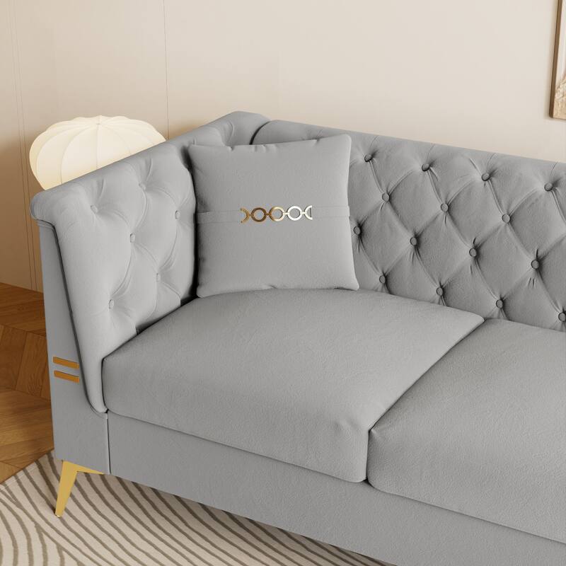 Modern Tufted Velvet Sofa, 82.67" Mid-Century 3-Seater Couch with Gold Metal Legs & Pillows, Elegant Chesterfield-Style Sofa