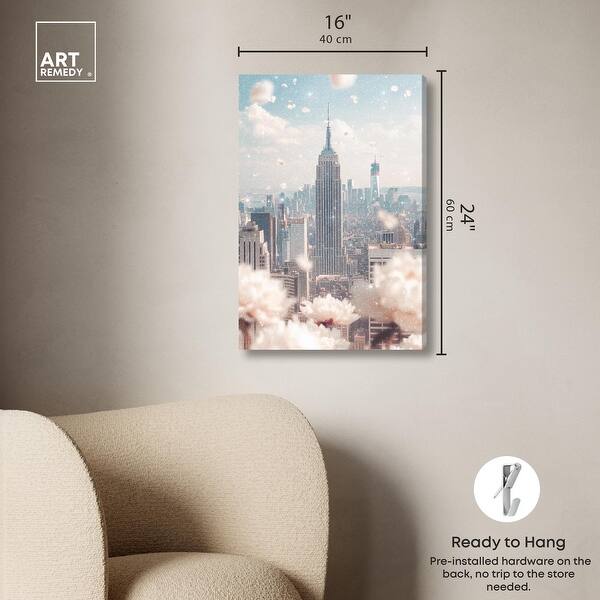 dimension image slide 2 of 6, Peonies Over New York Canvas by Art Remedy, Gallery Wrapped