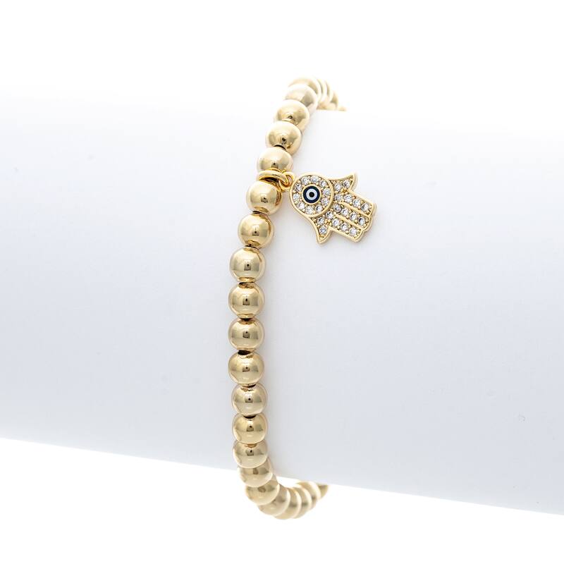 Dangling Hamsa Charm Polished Bead Stretch Bracelet - Gold