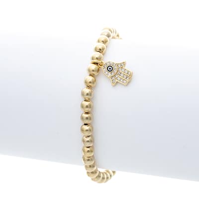 Dangling Hamsa Charm Polished Bead Stretch Bracelet - Gold