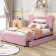 preview thumbnail 2 of 14, Playful Full Bed with LED Upholstered Cartoon Ears Headboard, USB, and Storage Drawers