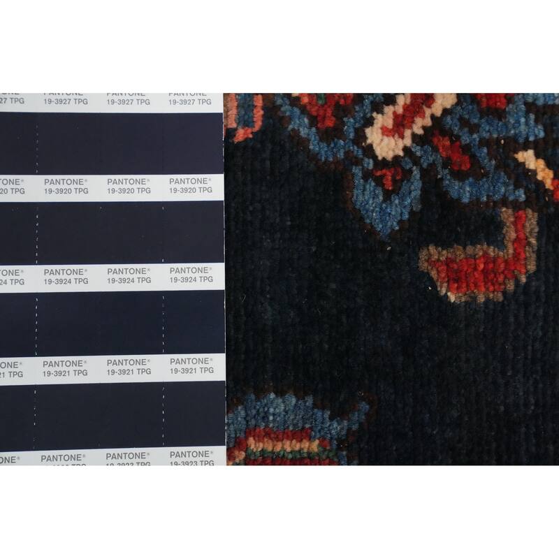 Hand Knotted Oriental 100% Wool Carpet Traditional Geometric Navy Blue & Blues Hamedan Runner Rug - 9' 7'' X 3' 6''