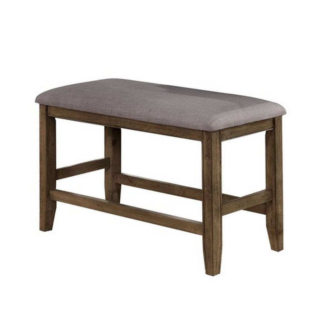 Counter Height Wooden Bench with Fabric Upholstered Seat, Brown and Gray