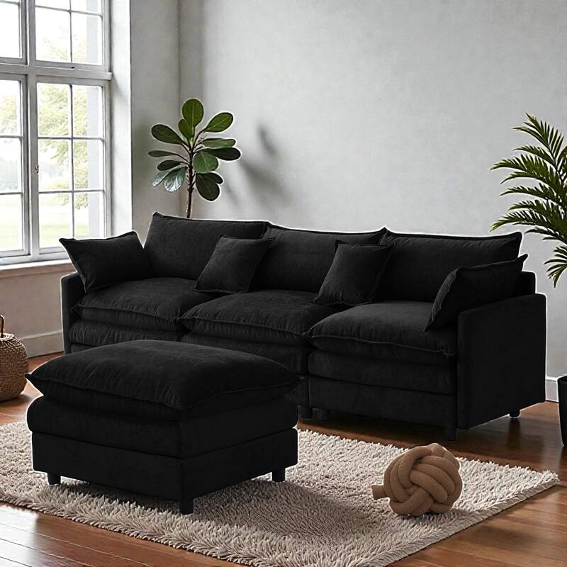105" L-Shaped Modular Sectional Sofa with Ottoman, Soft Chenille Upholstery, 3-Seater Couch