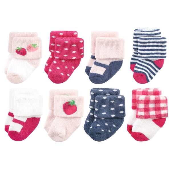 slide 1 of 1, Hudson Baby Infant Girls Cotton Rich Newborn and Terry Socks, Pink Strawberry Pink Strawberry - 0-6 Months