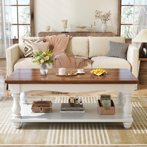 French Country Coffee Table with Storage Shlef, Farmhoues