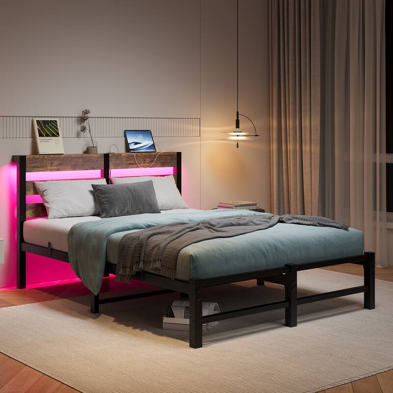 Modern Metal Bed with Wooden Headboard, RGB Lights & Storage Shelf - Beige+Brown - Full