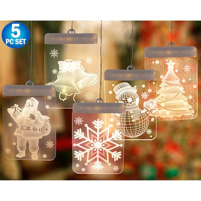 5pc - 3D LED Christmas Window Lights - Indoor Lights - Santa, Snowflake, Jingle Bell, Snowman Christmas Tree Warm White