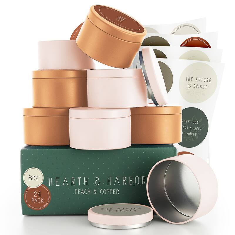 Hearth & Harbor Candle Tins - Candle Jars for Making Candles - DIY Candle Containers with Lids - 8Oz - Set of 24 - Peach and Copper