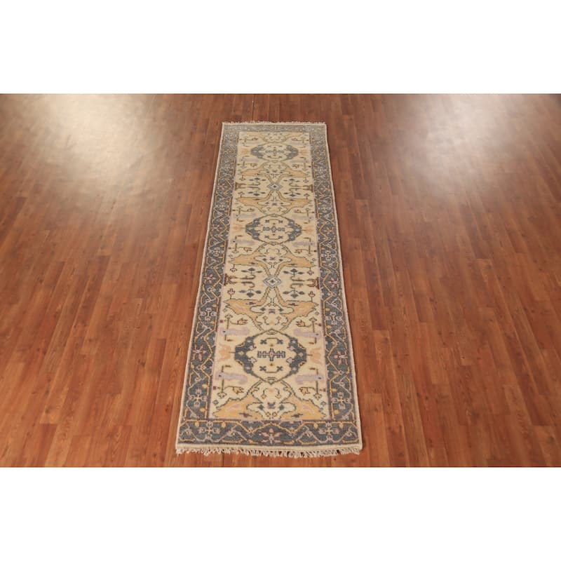 Earth Tone Oushak Oriental Runner Rug Handmade Beige Wool Carpet - 2'7" x 8'1"