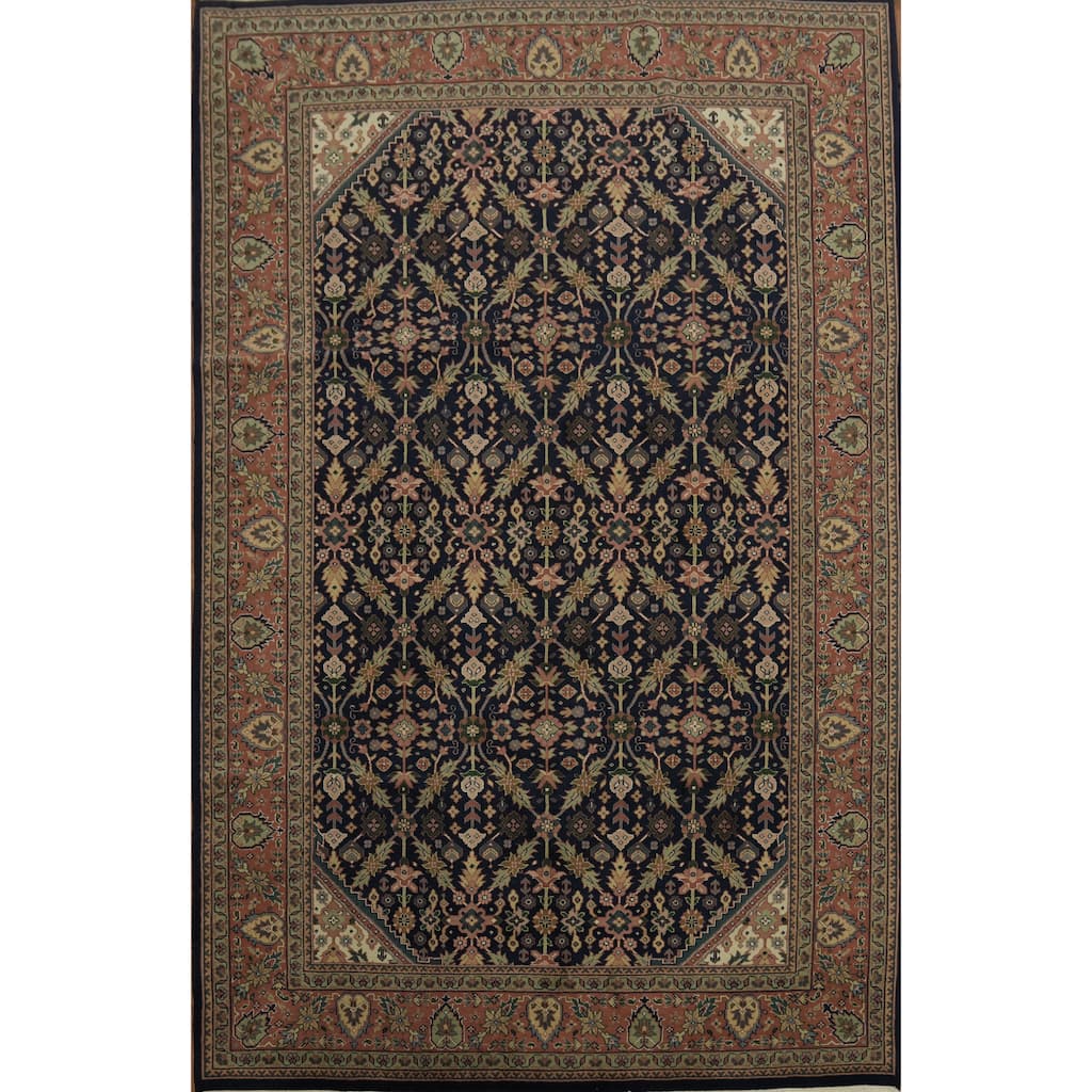 Hand Knotted Oriental 100% Wool Carpet Traditional All-Over Navy Blue & Blues Tabriz Area Rug - 8' 10'' X 5' 9''