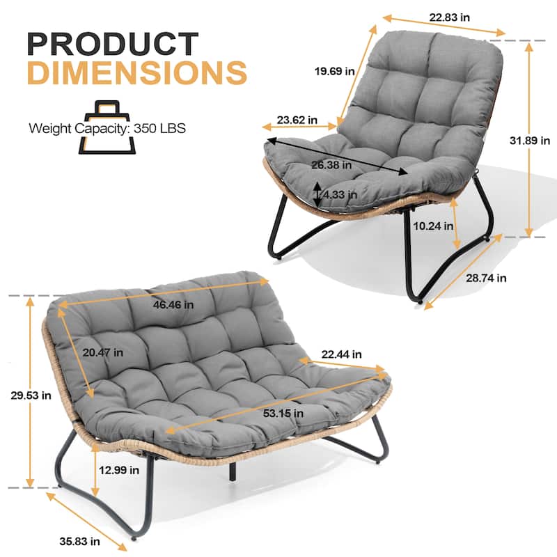 Double Papasan Chair Loveseat with Cushion, All-weather PE Rattan and Metal Frame for Indoor Outdoor