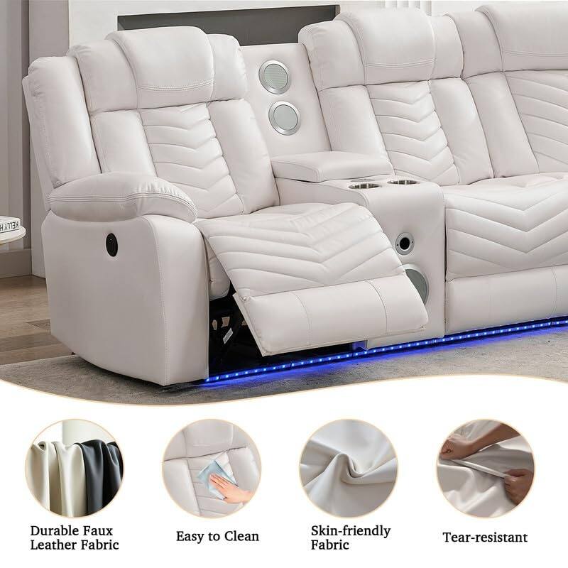 Comfort Stretch Black Faux Leather Power Reclining Sectional Sofa w/Bass Speaker LED Light USB Port,Cup Holder,Storage Console