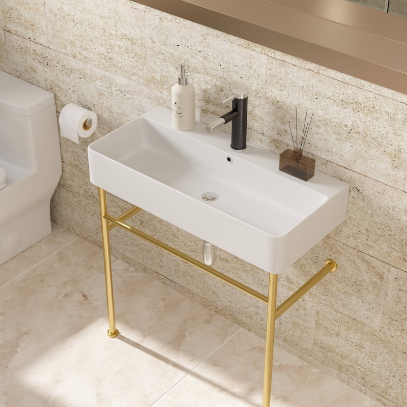 Dornberg 35" Bathroom Ceramic Console Sink White Basin and Legs with Overflow