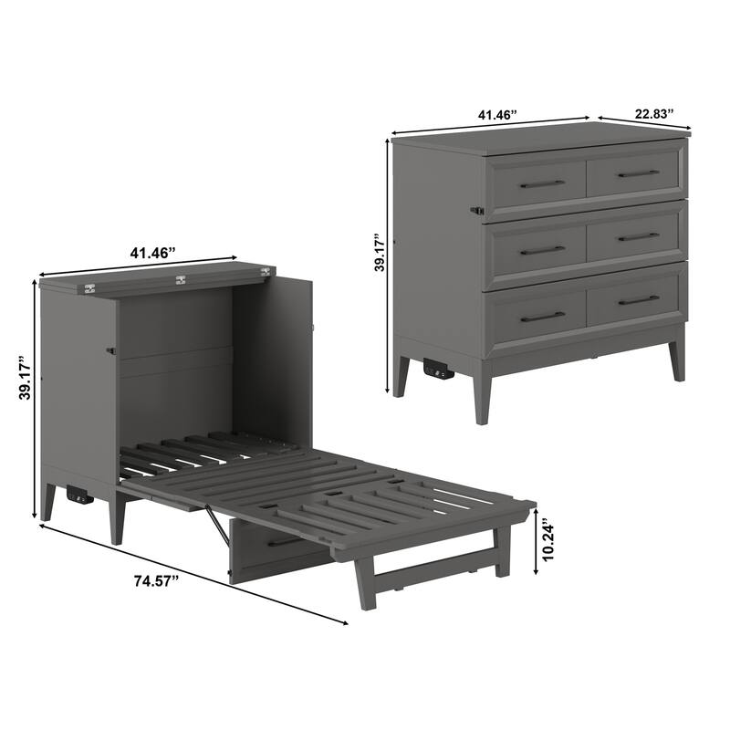 Solid Wood Murphy Bed Chest Twin Size with Mattress & Charger - Space Saving Furniture
