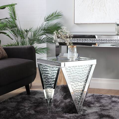Silver Wood Mirrored Geometric Accent Console Table with Crystal Embellishments