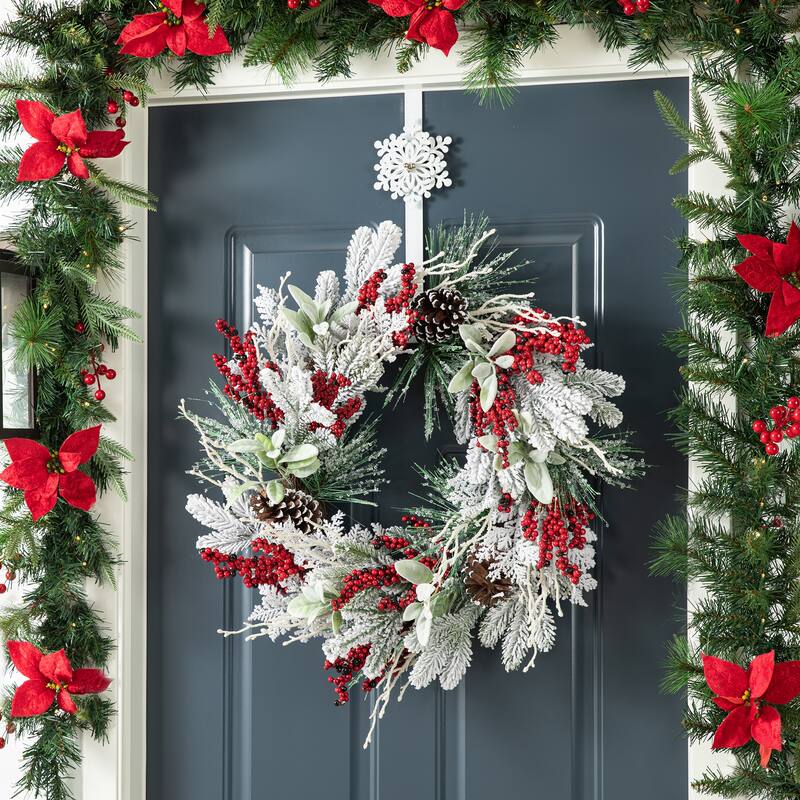 Glitzhome Artificial Christmas 5-Piece Set, 4ft Snow Flocked Artificial Potted Trees, Pinecone Berry Wreath and Teardrops