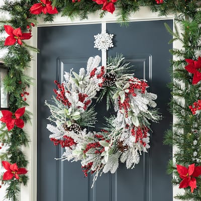 Glitzhome Artificial Christmas Flocked Pinecone Berry Teardrop Wreath Centerpiece