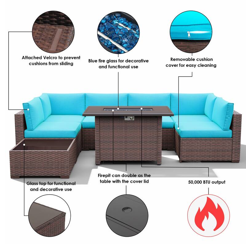Outdoor 8 Pieces Sectional Wicker Sofa Set with Fire Pit