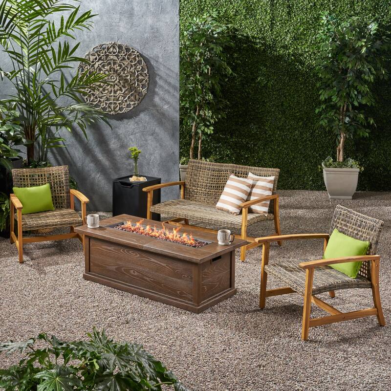 Breakwater Outdoor 5 Piece Wood and Wicker Chat Set with Fire Pit by Christopher Knight Home - Gray+Natural Finish+Brown+Black