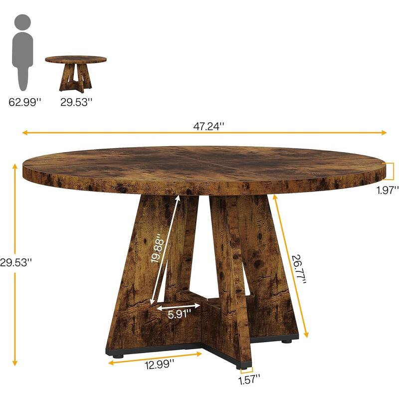 47" Round Dining Table for 4-6 People Rustic Wood Table with Pedestal Base for Kitchen Dining Room Living Room