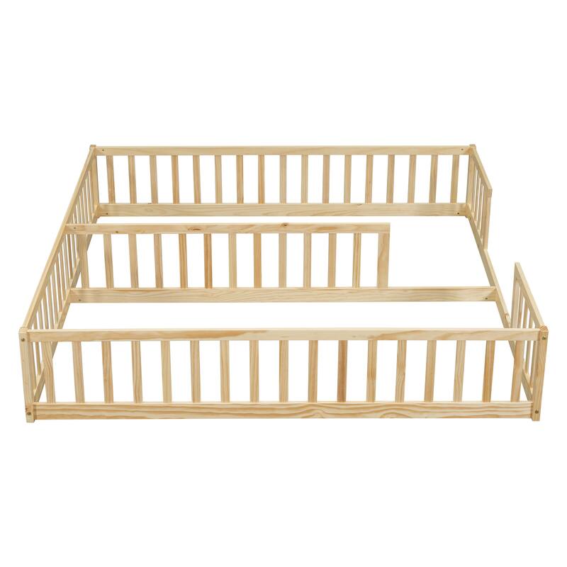 Double Twin Floor Bed with Fence and Guardrails, Natural Pine and Plywood, Assembly Required