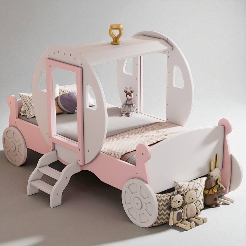 Twin Size Princess Carriage Bed with Crown and Stairs, Kids Wooden Platform Bed Frame with Slats and Fairy Tale Design
