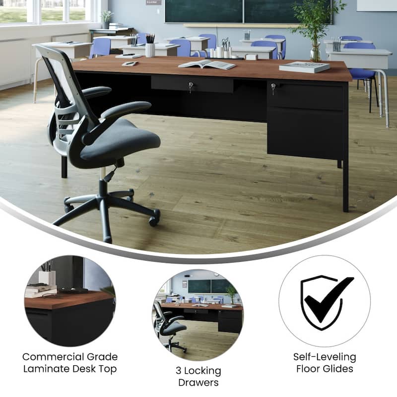 Commercial Right Side Single Pedestal Desk with 3 Locking Drawers