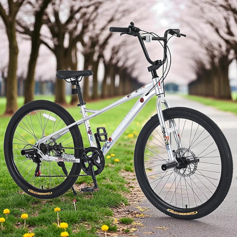 26 Inch Kids Freestyle Mountain Bike, Boys & Girls 12+, Shimano 7-Speed Steel Frame with Dual Disc Brakes - Silver