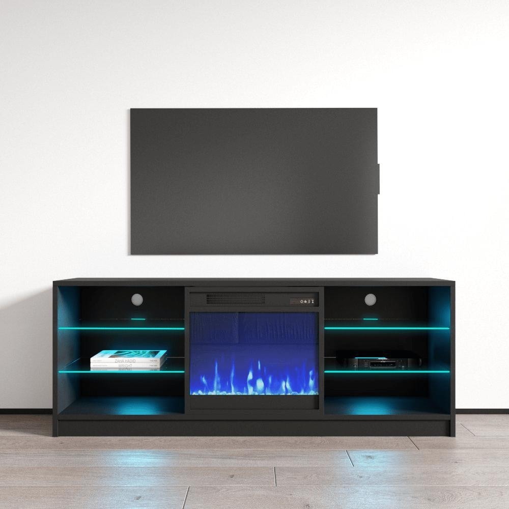 Meble Furniture Manhattan 58" Modern Electric Fireplace TV Stand with Glass Shelves and Remote Control for up to 70" TVs