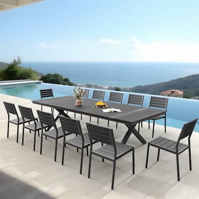 VredHom 13PC Aluminum X Frame Outdoor Patio Dining Set Table with Chairs Umbrella Hole