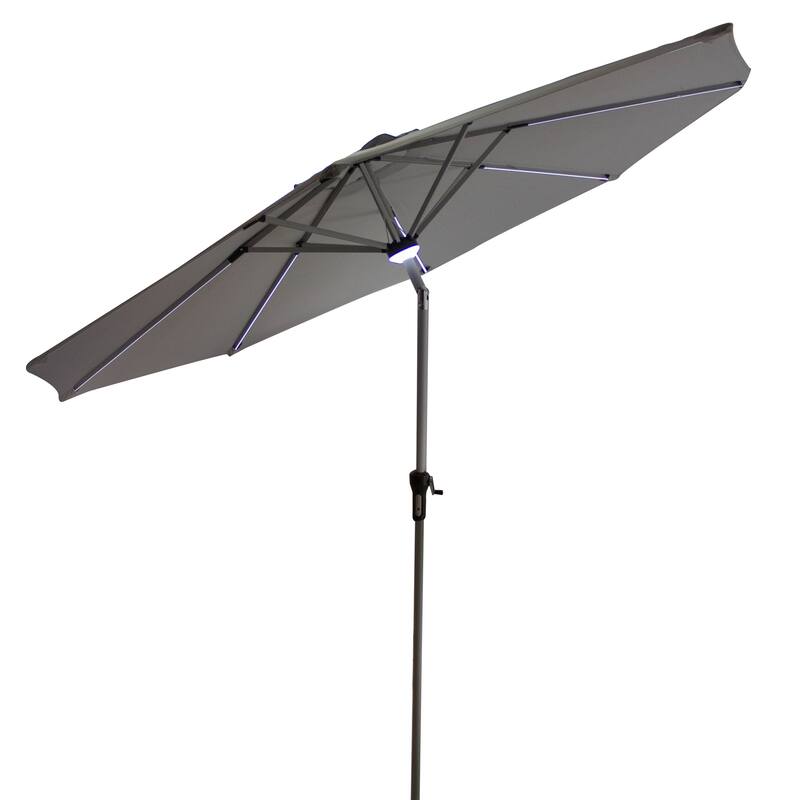 9ft Solar Lighted Outdoor Patio Market Umbrella Hand Crank Tilt Gray