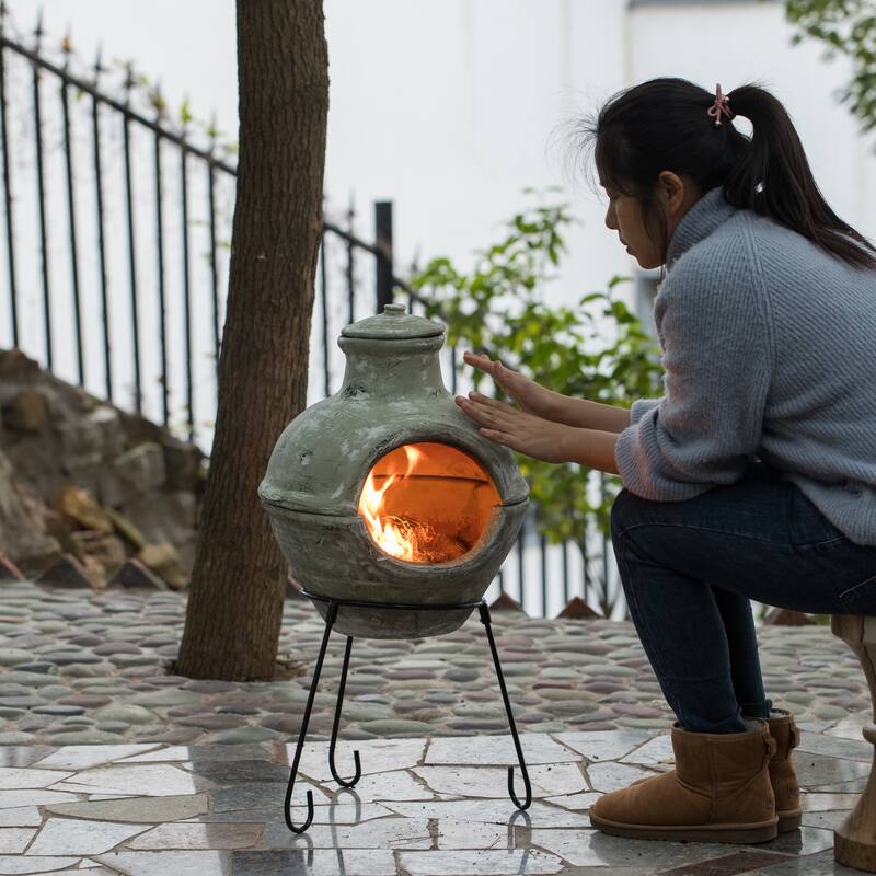 Beige Outdoor Clay Chiminea Barbecue Firepit Accent Design Charcoal Burning Fire Pit with Sturdy Metal Stand, Barbecue
