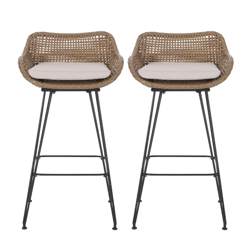 Outdoor Barstool Chair Set of 2, Beige Fabric, Brown Rattan, Black